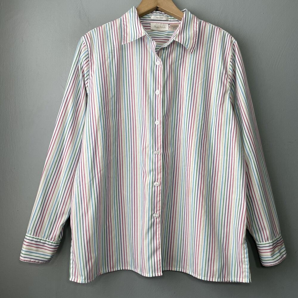 Studio Works No Iron Button Up Shirt Size Large Rainbow Stripe Office Preppy Y2K